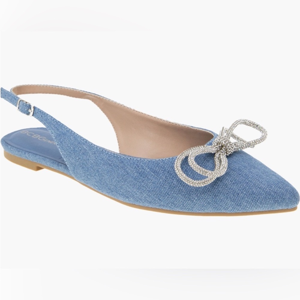 New BCBG Donna 2 Embellished Rhinestone Bow Denim Kitten flats, Size 8.5